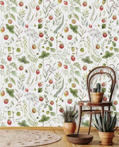 rød og grøn Kikki Belle tapetmaleri kaldet Strawberry Hill til planteskoler, køkkener og legerum