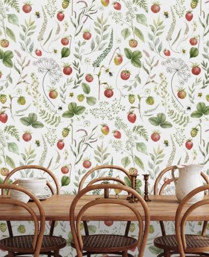 rød og grøn Kikki Belle tapetmaleri kaldet Strawberry Hill til planteskoler, køkkener og legerum