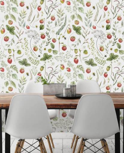 mural de papel de parede vermelho e verde Kikki Belle chamado Strawberry Hill para creches, cozinhas e salas de jogos