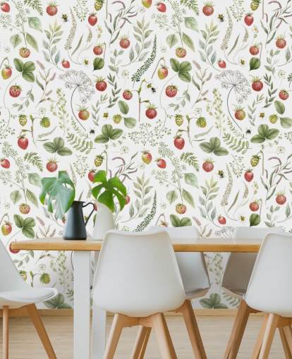 mural de papel pintado rojo y verde de Kikki Belle llamado Strawberry Hill para guarderías, cocinas y salas de juegos mural de papel pintado rojo y verde de Kikki Belle llamado Strawberry Hill para guarderías, cocinas y salas de juegos