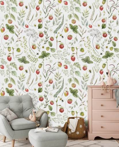 punainen ja vihreä Kikki Belle -taustakuvamaalaus nimeltä Strawberry Hill lastentarhoihin, keittiöihin ja leikkihuoneisiin punainen ja vihreä Kikki Belle -taustakuvamaalaus nimeltä Strawberry Hill lastentarhoihin, keittiöihin ja leikkihuoneisiin