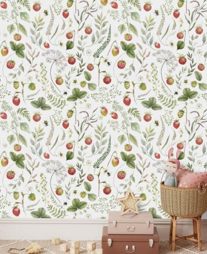 rode en groene Kikki Belle behangmuurschildering genaamd Strawberry Hill voor kinderdagverblijven, keukens en speelkamers rode en groene Kikki Belle behangmuurschildering genaamd Strawberry Hill voor kinderdagverblijven, keukens en speelkamers