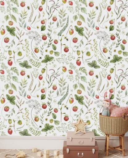 rotes und grünes Kikki Belle-Tapetentapete namens Strawberry Hill für Kinderzimmer, Küchen und Spielzimmer