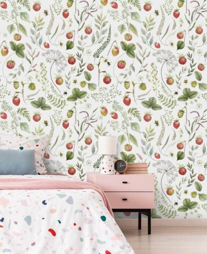 red and green Kikki Belle wallpaper mural called Strawberry Hill for nurseries, kitchens and playrooms red and green Kikki Belle wallpaper mural called Strawberry Hill for nurseries, kitchens and playrooms