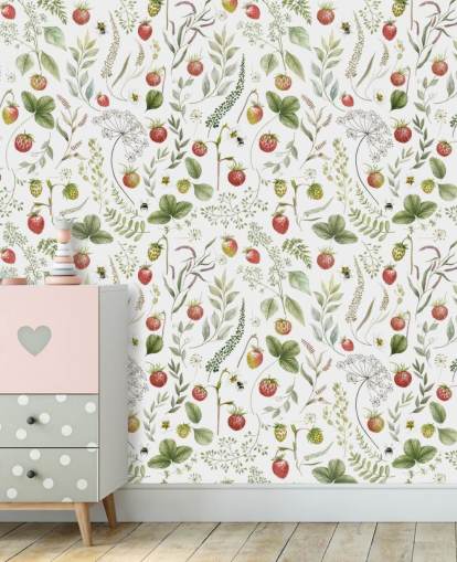 red and green Kikki Belle wallpaper mural called Strawberry Hill for nurseries, kitchens and playrooms