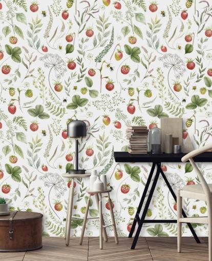 papier peint mural Kikki Belle rouge et vert appelé Strawberry Hill pour les crèches, les cuisines et les salles de jeux