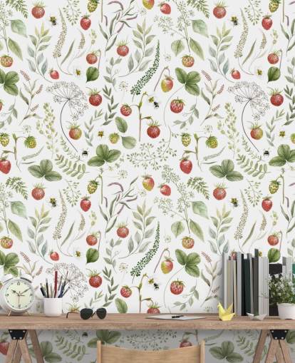 mural de papel pintado rojo y verde de Kikki Belle llamado Strawberry Hill para guarderías, cocinas y salas de juegos mural de papel pintado rojo y verde de Kikki Belle llamado Strawberry Hill para guarderías, cocinas y salas de juegos