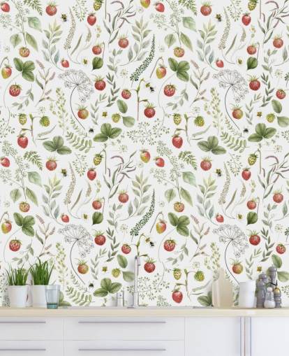 red and green Kikki Belle wallpaper mural called Strawberry Hill for nurseries, kitchens and playrooms
