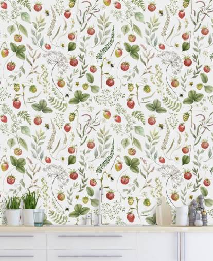 papier peint mural Kikki Belle rouge et vert appelé Strawberry Hill pour les crèches, les cuisines et les salles de jeux papier peint mural Kikki Belle rouge et vert appelé Strawberry Hill pour les crèches, les cuisines et les salles de jeux