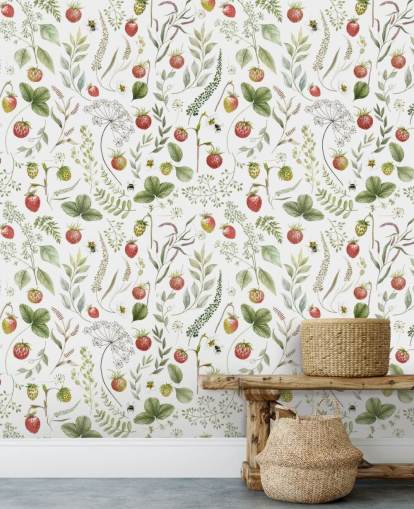 red and green Kikki Belle wallpaper mural called Strawberry Hill for nurseries, kitchens and playrooms