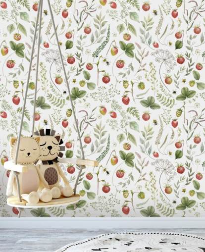 mural de papel de parede vermelho e verde Kikki Belle chamado Strawberry Hill para creches, cozinhas e salas de jogos