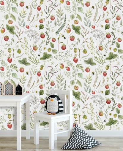 rode en groene Kikki Belle behangmuurschildering genaamd Strawberry Hill voor kinderdagverblijven, keukens en speelkamers rode en groene Kikki Belle behangmuurschildering genaamd Strawberry Hill voor kinderdagverblijven, keukens en speelkamers