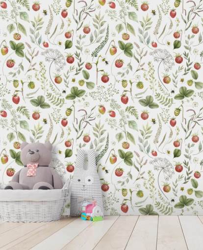rotes und grünes Kikki Belle-Tapetentapete namens Strawberry Hill für Kinderzimmer, Küchen und Spielzimmer