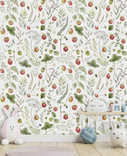 rotes und grünes Kikki Belle-Tapetentapete namens Strawberry Hill für Kinderzimmer, Küchen und Spielzimmer