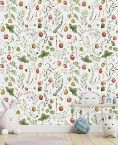 papier peint mural Kikki Belle rouge et vert appelé Strawberry Hill pour les crèches, les cuisines et les salles de jeux