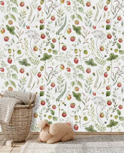 rode en groene Kikki Belle behangmuurschildering genaamd Strawberry Hill voor kinderdagverblijven, keukens en speelkamers rode en groene Kikki Belle behangmuurschildering genaamd Strawberry Hill voor kinderdagverblijven, keukens en speelkamers