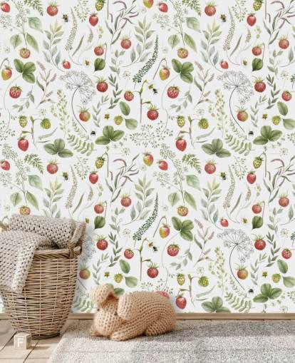 carta da parati murale rossa e verde Kikki Belle chiamata Strawberry Hill per asili nido, cucine e sale giochi