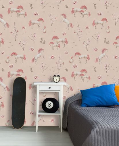 pink unicorn wallpaper mural called Pink Unique Unicorn by Kikki Belle for girl's bedrooms and nurseries