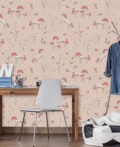 mural de papel pintado de unicornio rosa llamado Pink Unique Unicorn de Kikki Belle para dormitorios y guarderías de niñas