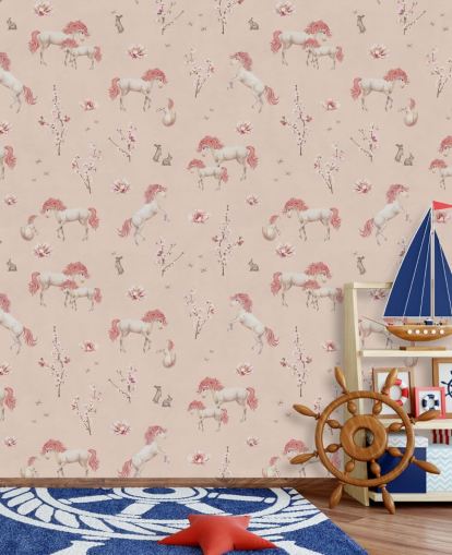 pink unicorn wallpaper mural called Pink Unique Unicorn by Kikki Belle for girl's bedrooms and nurseries
