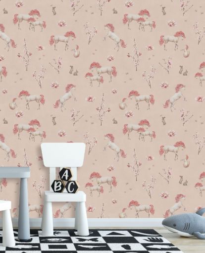 mural de papel de parede de unicórnio rosa chamado Pink Unique Unicorn de Kikki Belle para quartos e creches de meninas mural de papel de parede de unicórnio rosa chamado Pink Unique Unicorn de Kikki Belle para quartos e creches de meninas