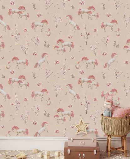 pink unicorn wallpaper mural called Pink Unique Unicorn by Kikki Belle for girl's bedrooms and nurseries