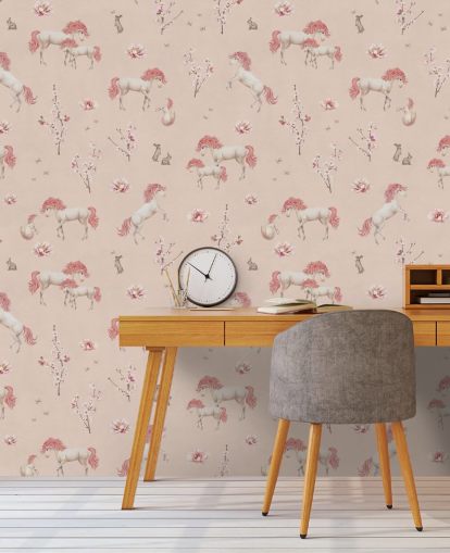 pink unicorn wallpaper mural called Pink Unique Unicorn by Kikki Belle for girl's bedrooms and nurseries