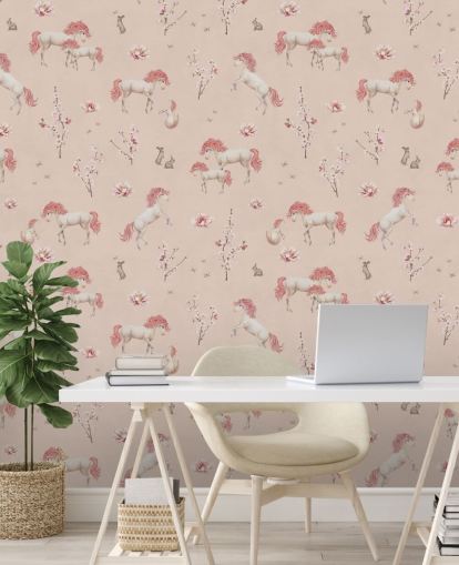 pink unicorn wallpaper mural called Pink Unique Unicorn by Kikki Belle for girl's bedrooms and nurseries