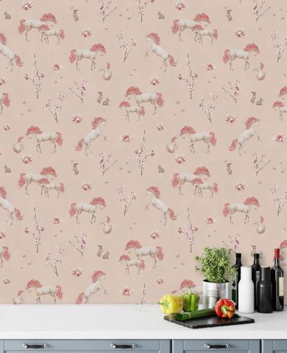 pink unicorn wallpaper mural called Pink Unique Unicorn by Kikki Belle for girl's bedrooms and nurseries