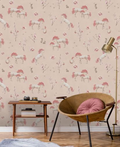 pink unicorn wallpaper mural called Pink Unique Unicorn by Kikki Belle for girl's bedrooms and nurseries