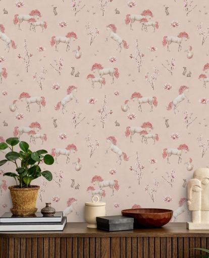 pink unicorn wallpaper mural called Pink Unique Unicorn by Kikki Belle for girl's bedrooms and nurseries