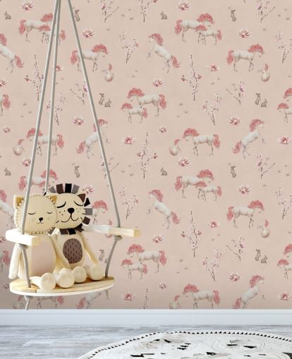 pink unicorn wallpaper mural called Pink Unique Unicorn by Kikki Belle for girl's bedrooms and nurseries