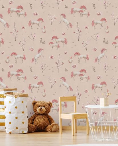 rosafarbenes Einhorn-Tapeten-Wandbild namens Pink Unique Unicorn von Kikki Belle für Mädchenzimmer und Kinderzimmer