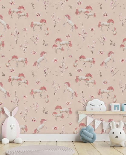 mural de papel pintado de unicornio rosa llamado Pink Unique Unicorn de Kikki Belle para dormitorios y guarderías de niñas