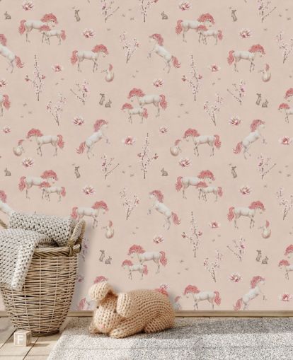 roze eenhoorn behangmuurschildering genaamd Pink Unique Unicorn van Kikki Belle voor meisjeskamers en kinderdagverblijven