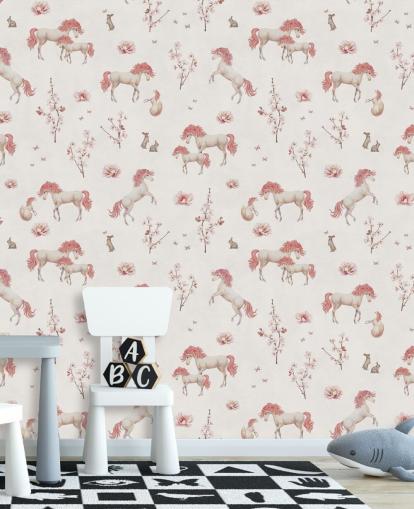 mural de papel pintado de unicornio blanco llamado White Unique Unicorn de Kikki Belle para dormitorios y guarderías infantiles