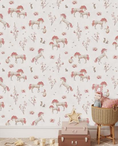 vit enhörning tapetväggmålning kallad White Unique Unicorn av Kikki Belle för barns sovrum och plantskolor