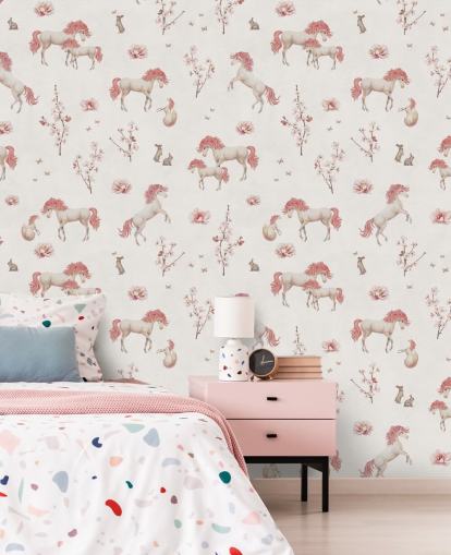 papier peint mural en forme de licorne blanche appelé White Unique Unicorn par Kikki Belle pour les chambres d'enfants et les crèches