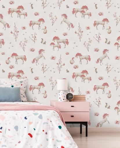 white unicorn wallpaper mural called White Unique Unicorn by Kikki Belle for children's bedrooms and nurseries