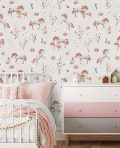 mural de papel de parede de unicórnio branco chamado White Unique Unicorn de Kikki Belle para quartos infantis e creches