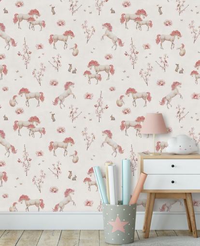 mural de papel de parede de unicórnio branco chamado White Unique Unicorn de Kikki Belle para quartos infantis e creches