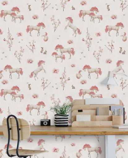 mural de papel pintado de unicornio blanco llamado White Unique Unicorn de Kikki Belle para dormitorios y guarderías infantiles