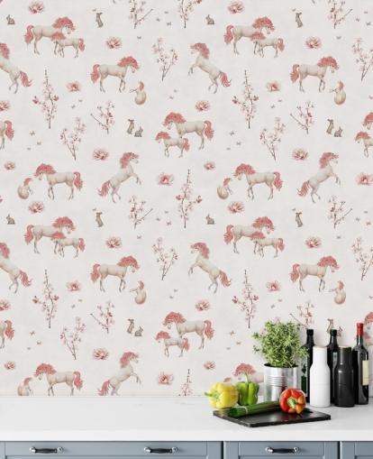 white unicorn wallpaper mural called White Unique Unicorn by Kikki Belle for children's bedrooms and nurseries