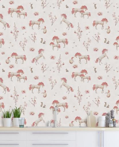 white unicorn wallpaper mural called White Unique Unicorn by Kikki Belle for children's bedrooms and nurseries