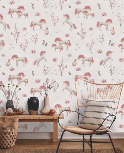 mural de papel pintado de unicornio blanco llamado White Unique Unicorn de Kikki Belle para dormitorios y guarderías infantiles