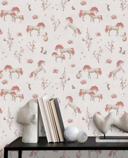 white unicorn wallpaper mural called White Unique Unicorn by Kikki Belle for children's bedrooms and nurseries