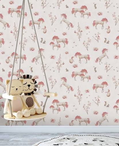 white unicorn wallpaper mural called White Unique Unicorn by Kikki Belle for children's bedrooms and nurseries