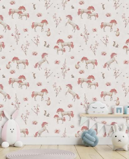 mural de papel de parede de unicórnio branco chamado White Unique Unicorn de Kikki Belle para quartos infantis e creches