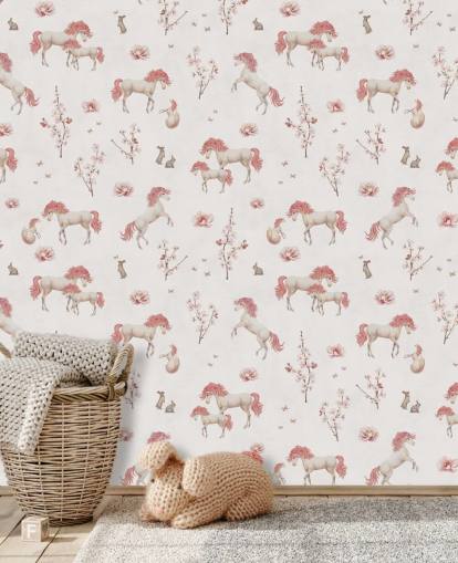 weißes Einhorn-Tapeten-Wandbild namens White Unique Unicorn von Kikki Belle für Kinderzimmer und Kinderzimmer