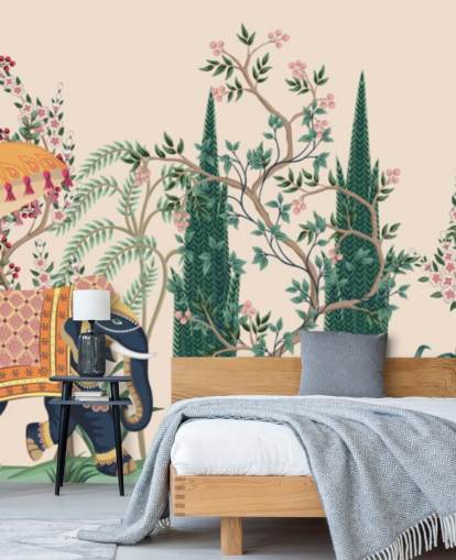 carta da parati murale colorata in stile chinoiserie chiamata Chinoiserie Elephant and Peacock per camere da letto e salotti